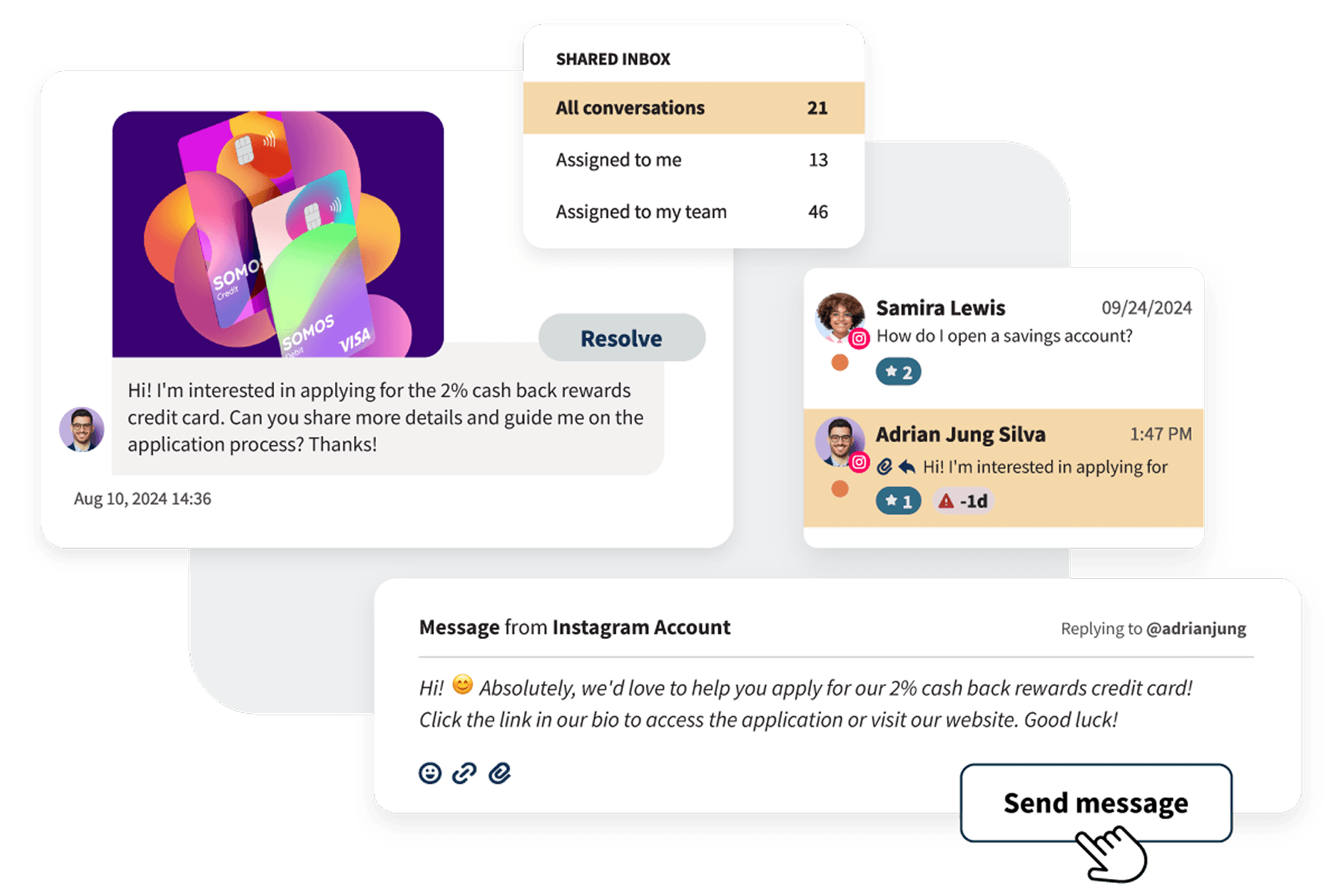 A customer service shared inbox UI showing conversations, Instagram messages, and a reply about a cash back credit card.