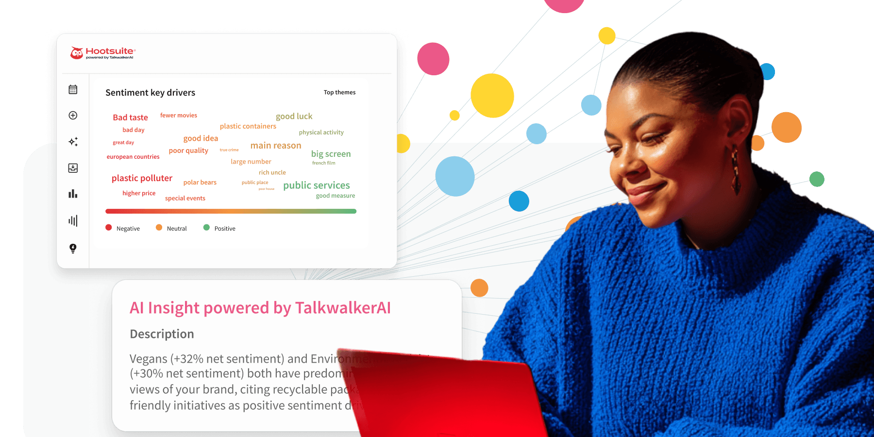 A smiling woman in a blue sweater uses a red laptop beside Hootsuite sentiment analysis dashboards showing AI-powered insights.